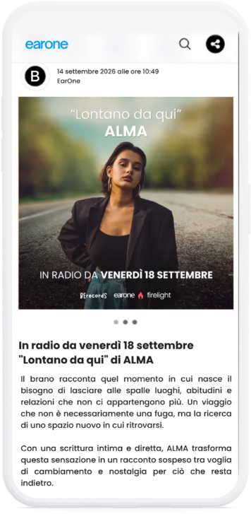 App mobile EarOne - Monitoraggio passaggi radio e visibilità promozionale per artisti ed etichette